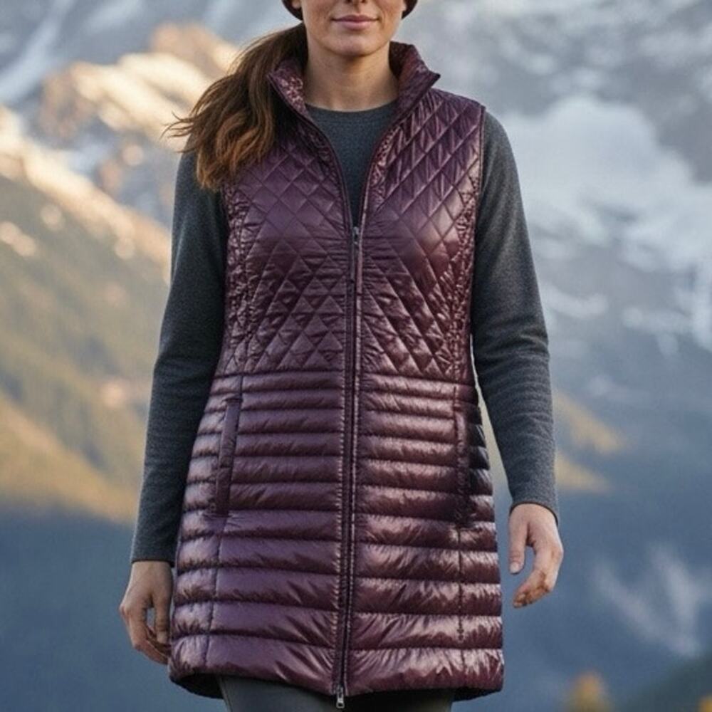 TALBOTS QUILTED LONG PRIMALOFT VEST  - wine color Size L